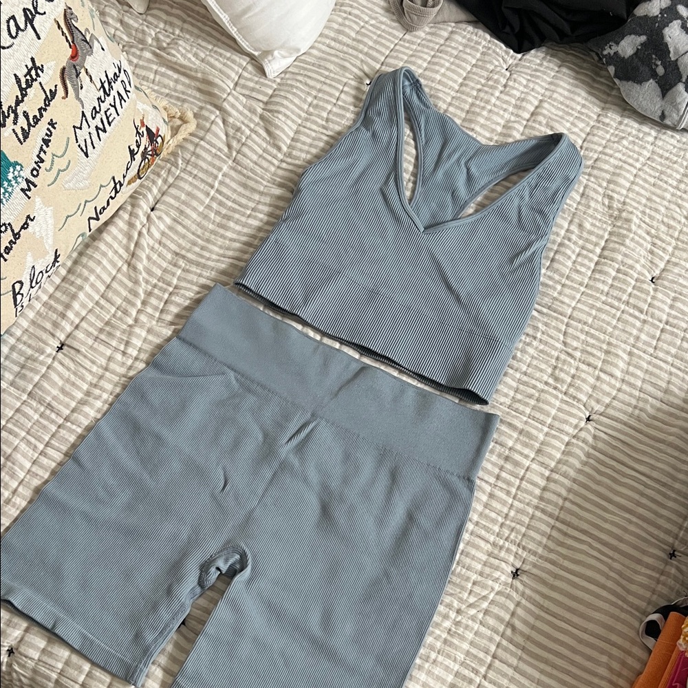 Gilly Hicks Ribbed Sports Bra and Shorts Set in Blue